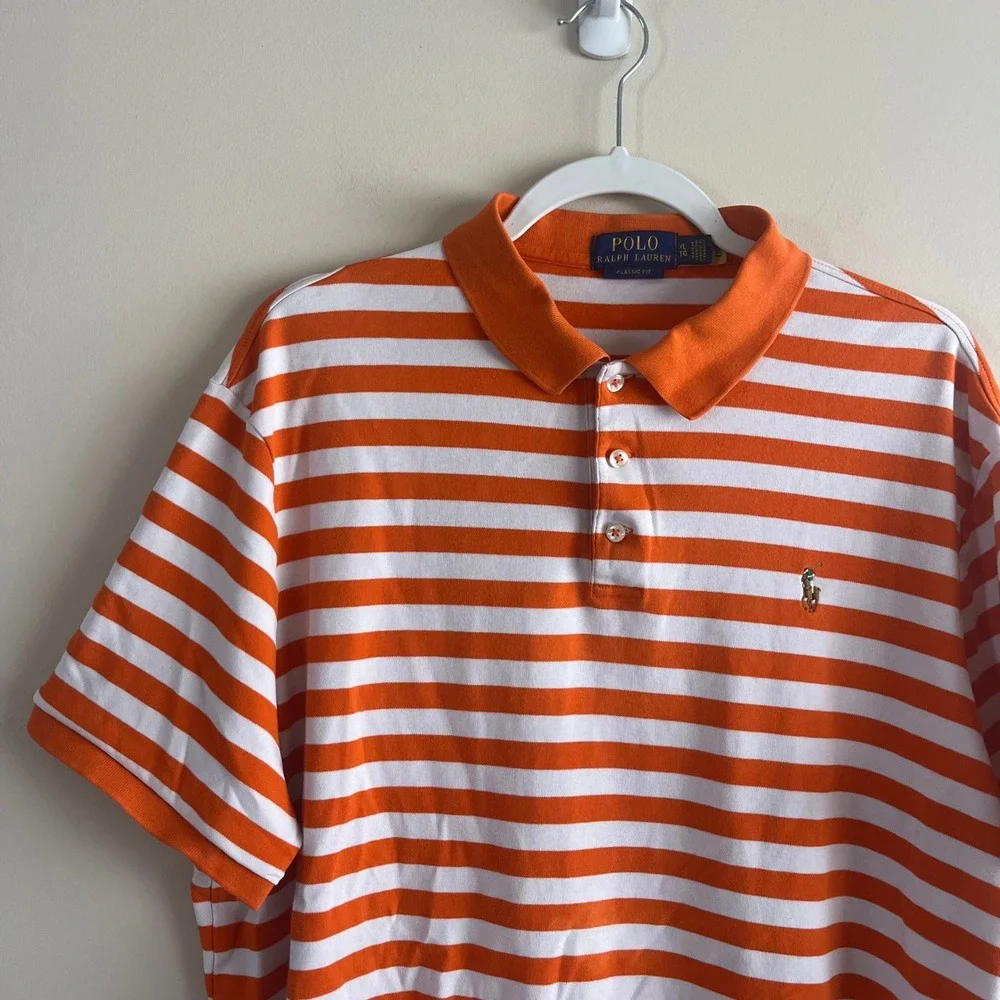 Polo Ralph Lauren Classic Fit Striped Polo Shirt XL Orange White 100% Cotton